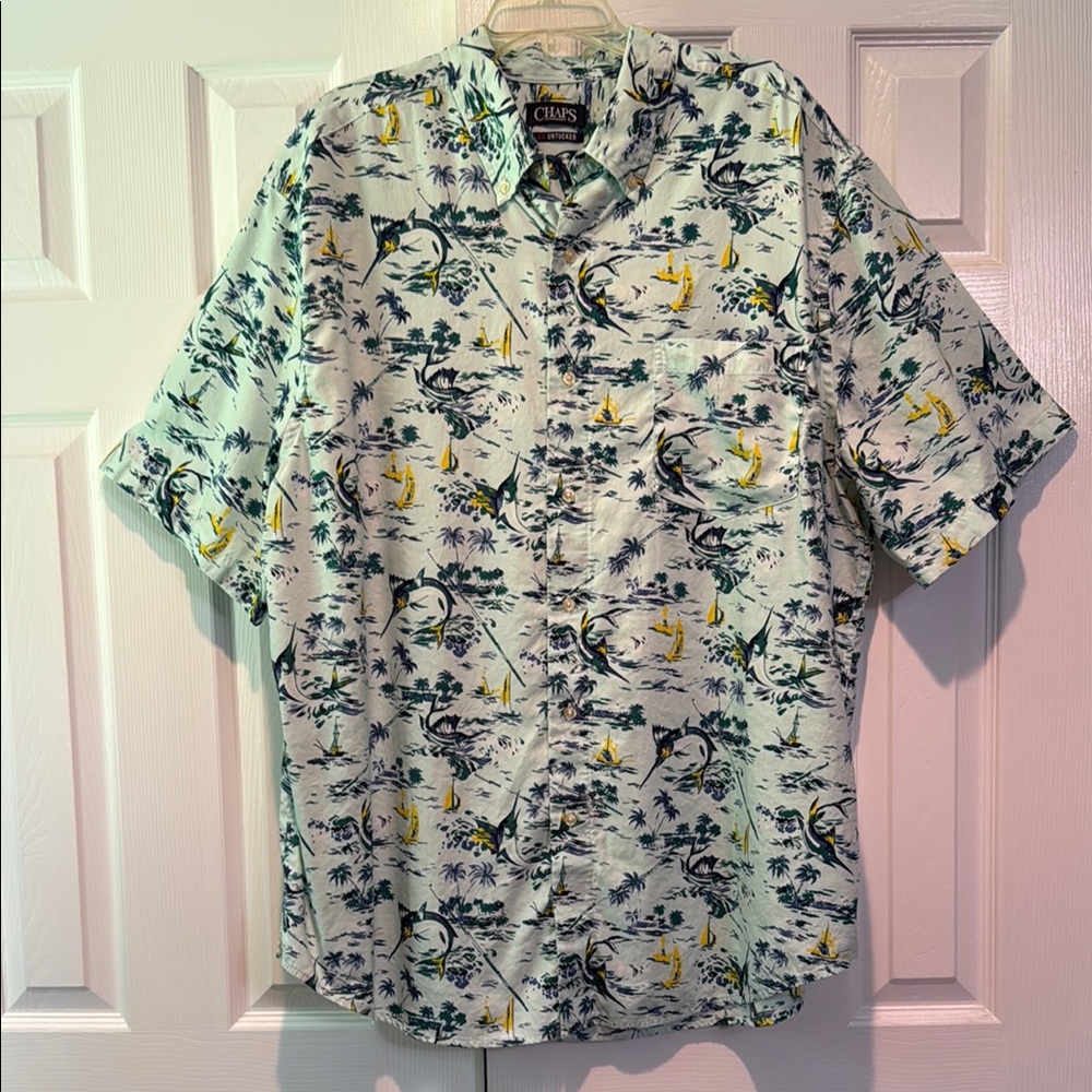 Chaps GO Untucked Casual Button Down blue, green, yellow Shirt